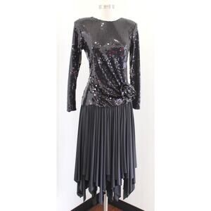 Vtg 80s 90s Tadashi Black Sequin Asymmetrical Hem Ruched Cocktail Party Dress 4